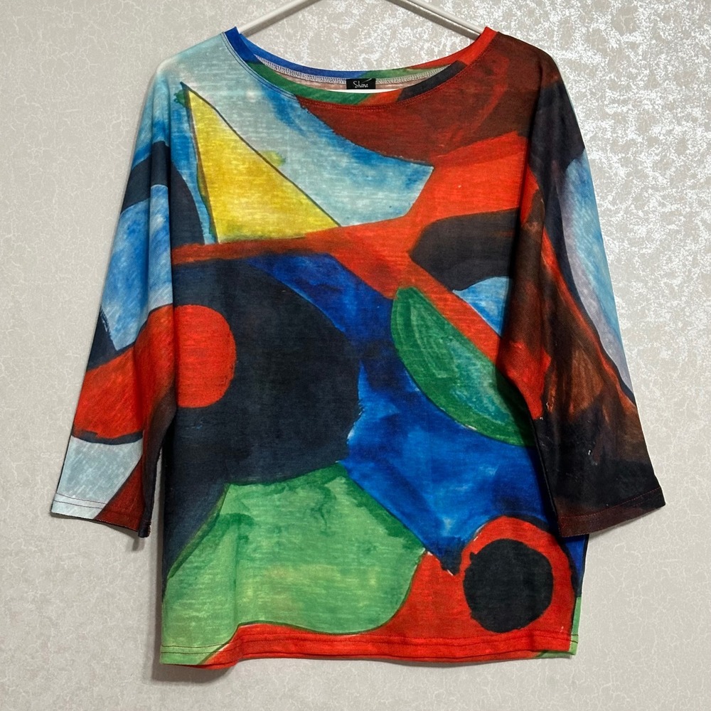 Shana Abstract Geometric Print 3/4 Sleeve Top Artistic Vibrant Multicolor M